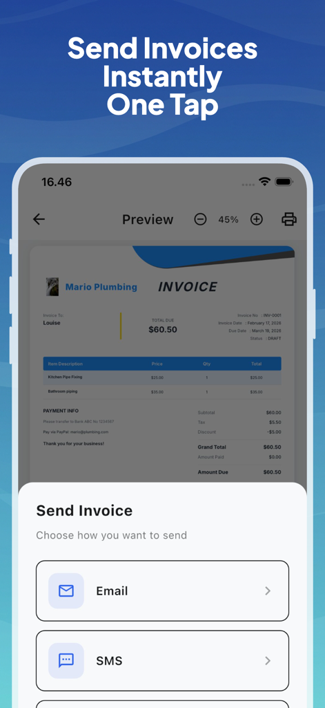 MB Invoice Maker - Eine mobile App-Oberfläche, die Optionen zum Senden einer professionellen Rechnung per E-Mail oder SMS mit einem Fingertipp anzeigt