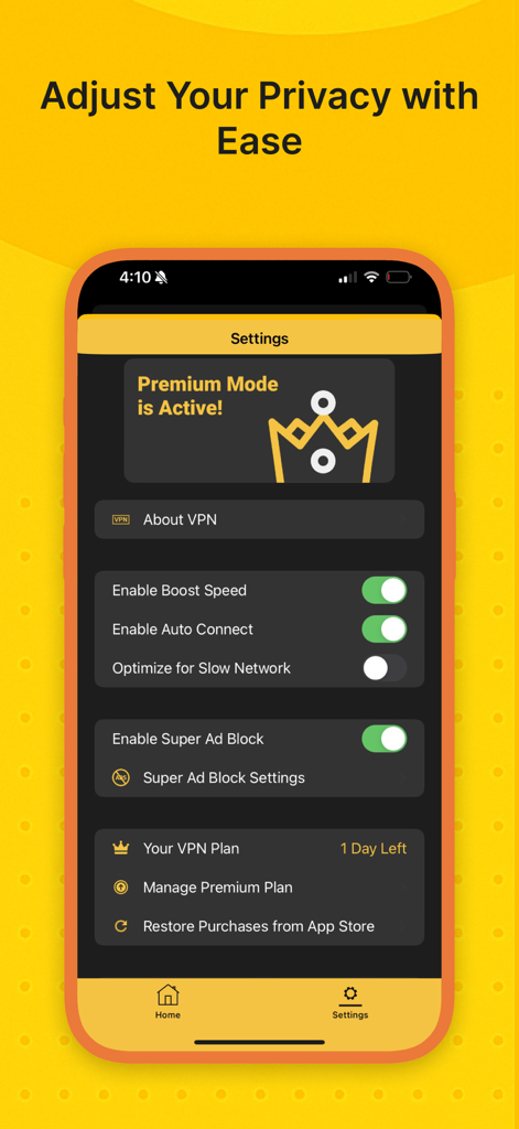 Best VPN app settings screen displaying premium features like boost speed and super ad block