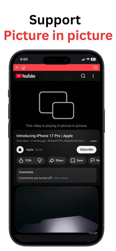 Pip For Youtube - - A smartphone screen showing the picture in picture mode enabled for a YouTube video