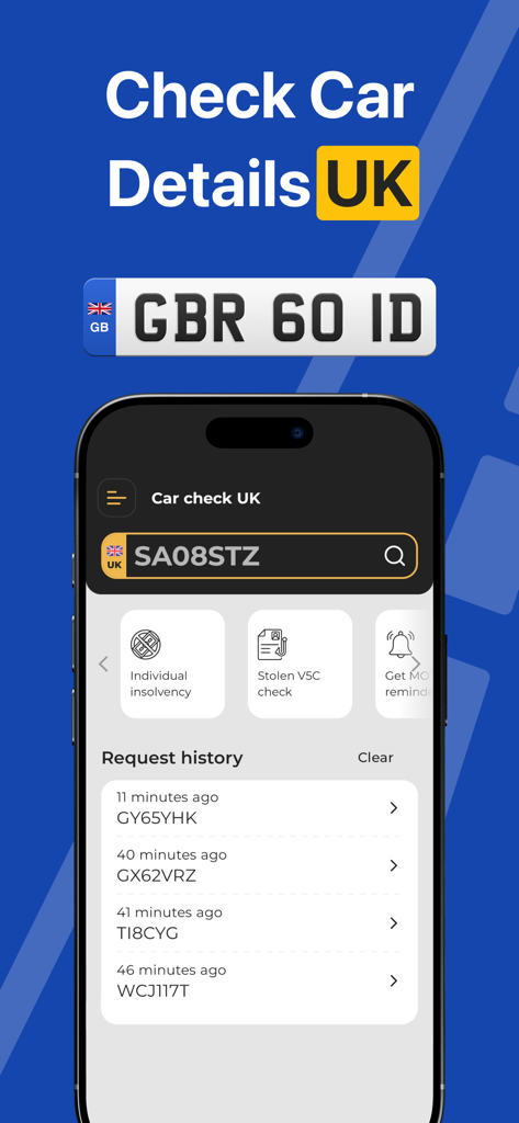 Vehicle History, Car Check－UK - Interface of the Car Check UK app showing license plate search and request history