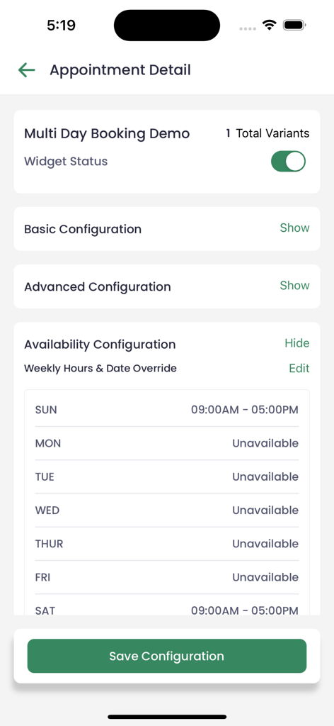 Appointment Booking - Appointo - The Appointo mobile app interface showing availability configuration and weekly hours for a multi-day booking.