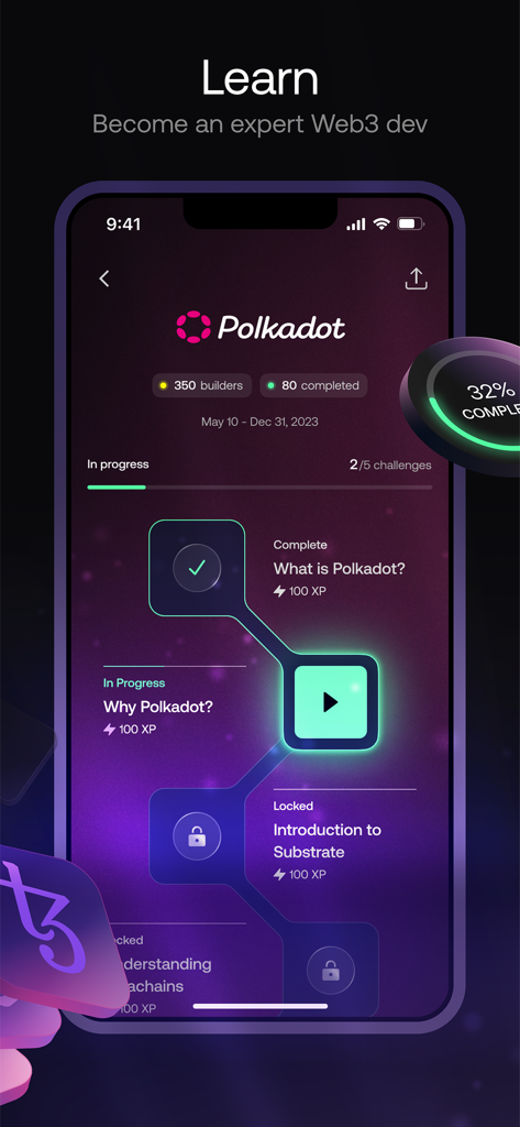EasyAアプリのインターフェース。PolkadotとWeb3開発のためのゲーミフィケーションされた学習パスが表示されています。