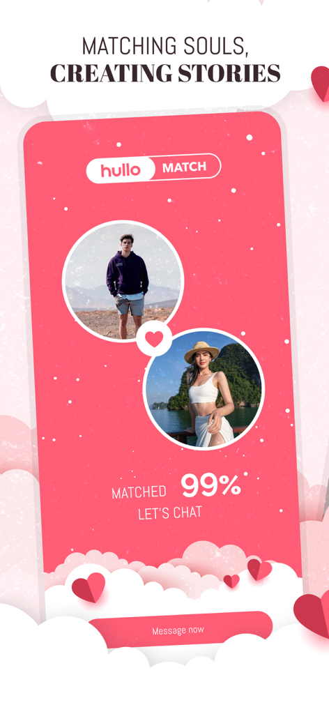 Hullo - AI Matchmaking Dating - Notification de match IA à 99 % sur l'interface de l'application de rencontres Hullo avec deux profils d'utilisateurs