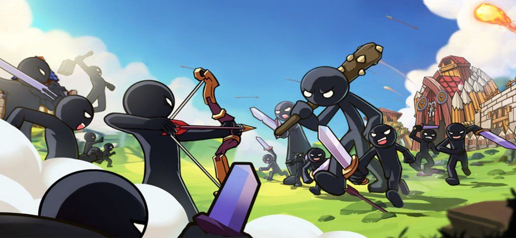 Stick Empire - Kingdom Castle - Stickman warriors in a battle scene with archers and swordsmen attacking a castle