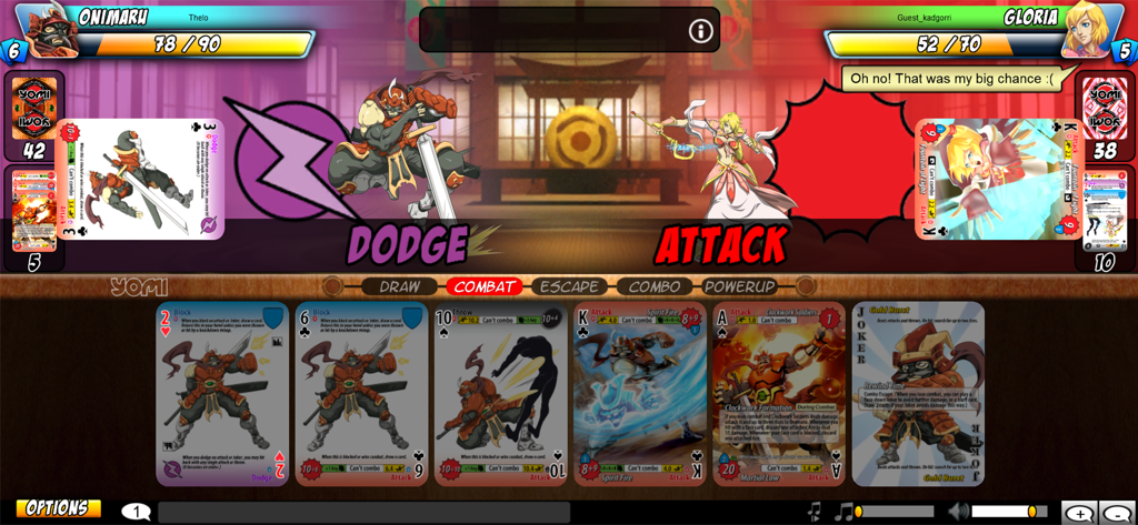 Yomi - Screenshot di gioco del gioco di carte Yomi che mostra una fase di combattimento tra Onimaru e Gloria con carte schivata e attacco.