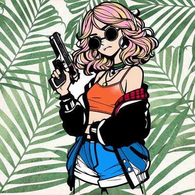 stylish teenage girl with gun