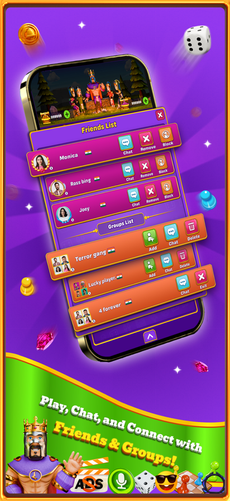 Mobile screen of Snakes and Ladders Chief showing a list of friends and groups for social multiplayer play and chat.