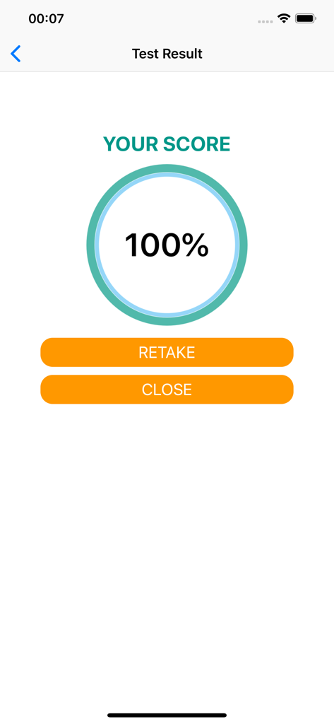 French Grammar Test - French Grammar Test result interface showing a score of 100 percent.