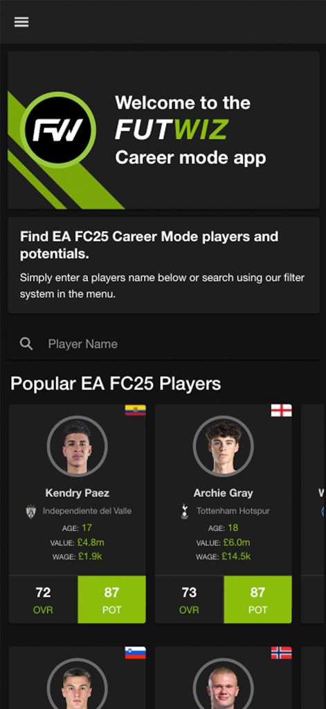 FUTWIZ Career Mode - Pantalla de inicio de la aplicación Modo Carrera FUTWIZ mostrando las valoraciones de jugadores de EA FC 25 y la barra de búsqueda