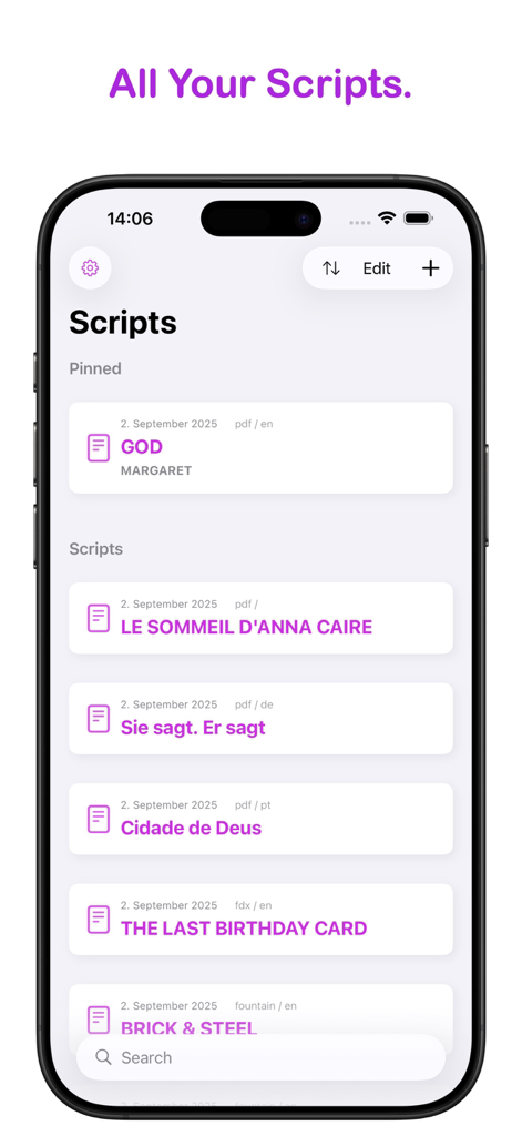 Interface of Script Buddy showing a list of different movie and play scripts