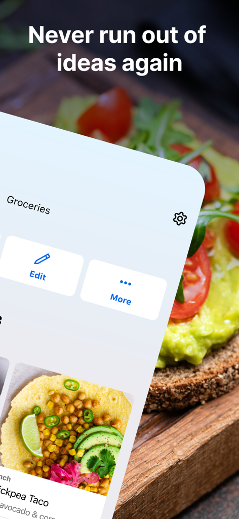 MyFitnessPal app screen showing healthy meal ideas and grocery list features