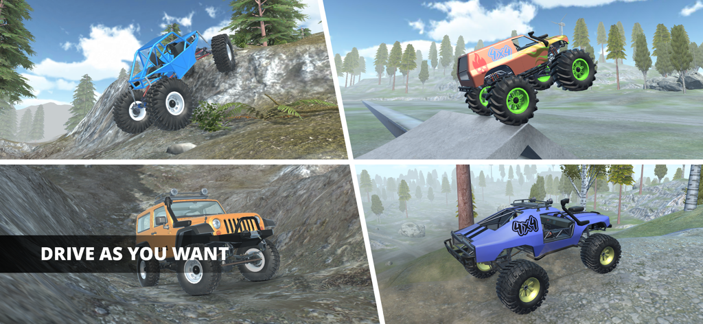 A collage showing different custom 4x4 vehicles and monster trucks driving through various off-road terrains.