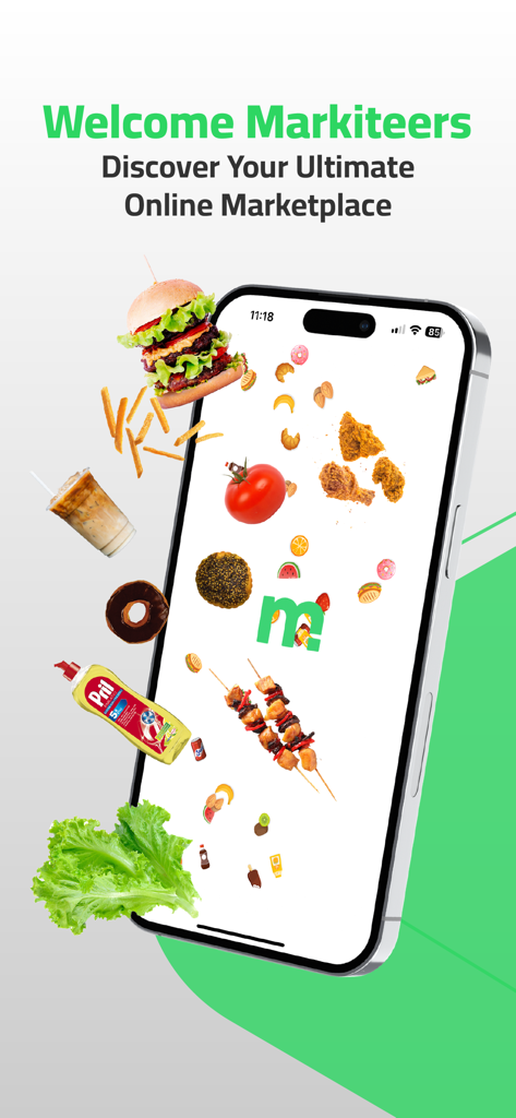 markit app - Ecrã de boas-vindas da aplicação Markit com itens de comida e mercearia a voar em redor de um telemóvel