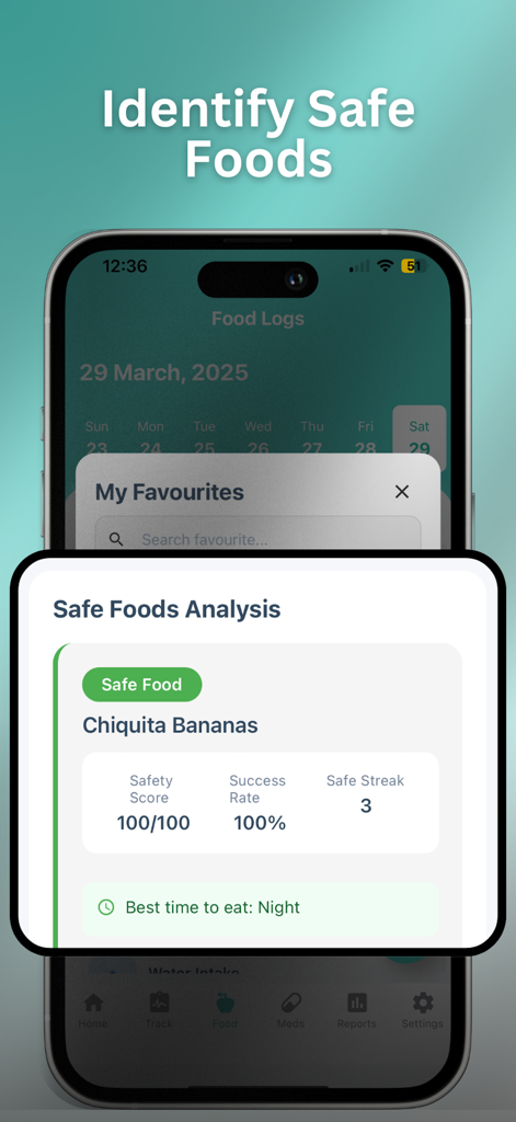 Poop Tracker - FlareCare AI - Pantalla de la aplicación FlareCare AI que identifica los plátanos Chiquita como un alimento seguro con una puntuación de seguridad y tasa de éxito del 100 por ciento