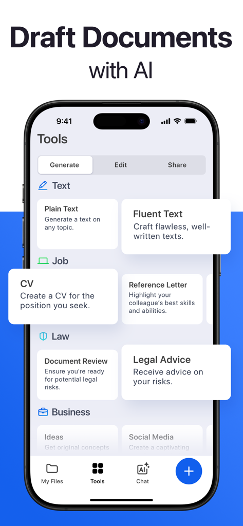 Forma: PDF Document Editor - Interfaz de la aplicación Forma para redactar documentos y CVs utilizando un asistente de IA