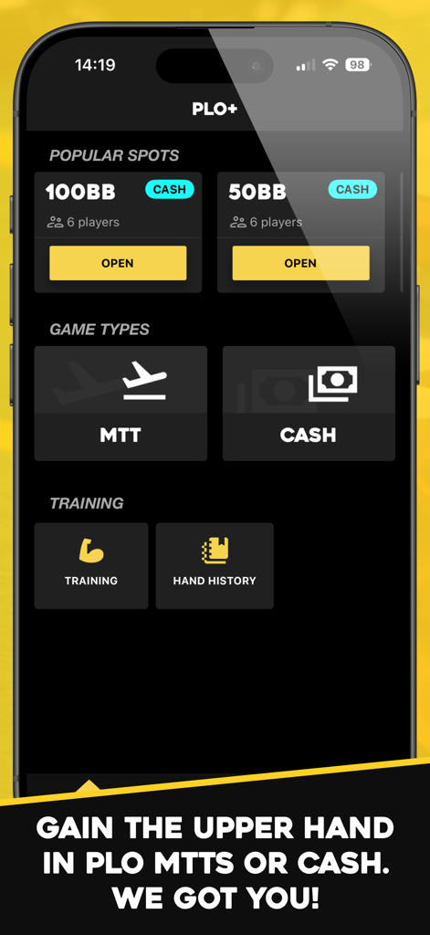 PLO+: Pot Limit Omaha Trainer - PLO plus trainer app main menu showing options for cash games and tournaments