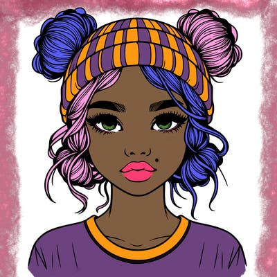 realistic girl with buns in her hair with a beanie on