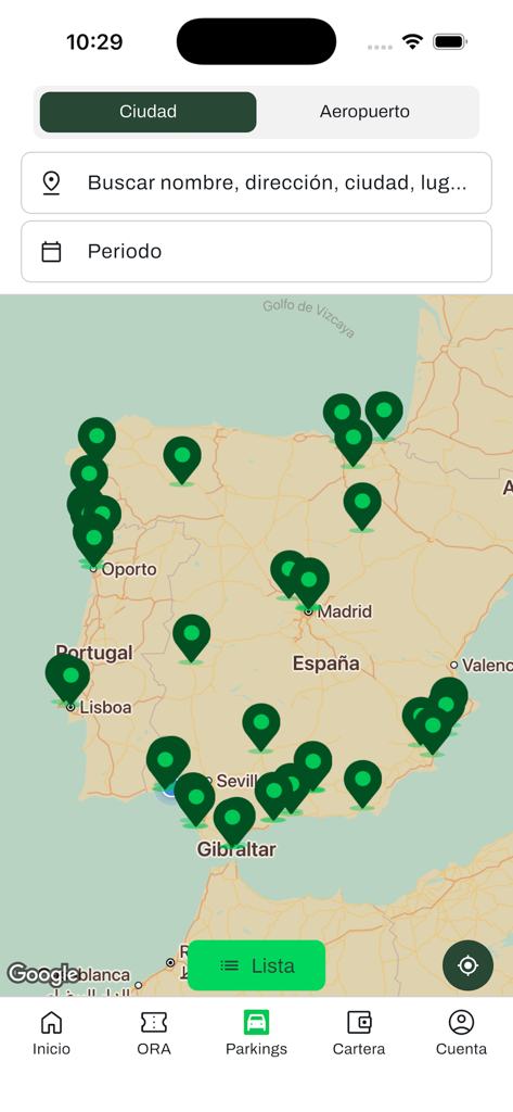 iParkCity - Map view of iParkCity app displaying parking locations across Spain and Portugal with search options