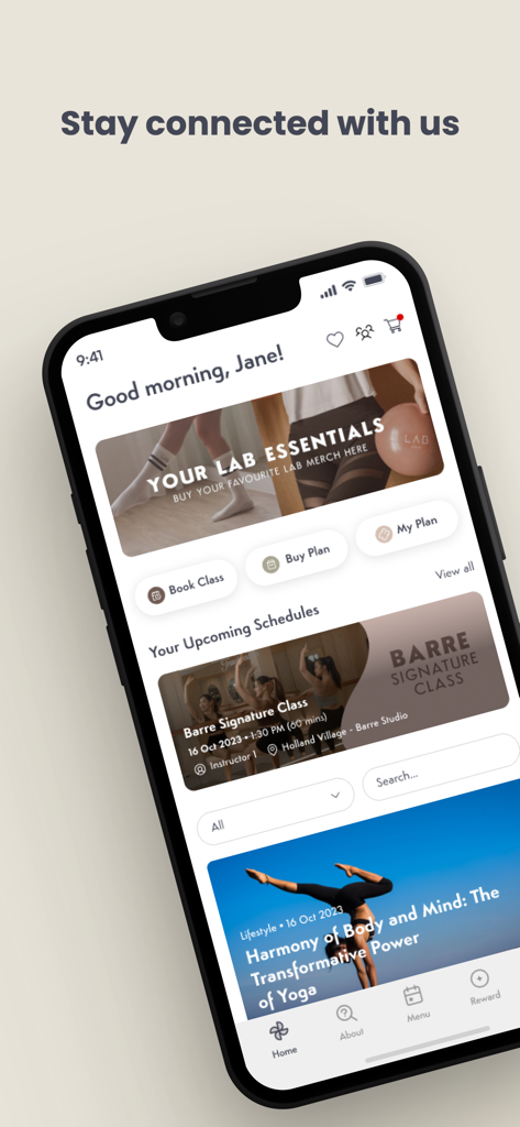 Lab Studios - Interface of the Lab Studios mobile app showing class booking and wellness content