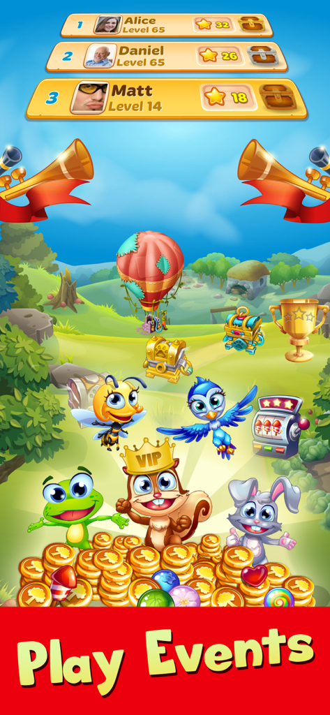 Forest Rescue: Bubble POP - Schermata di gioco che mostra eventi di gioco con personaggi animali, una classifica e monete d'oro in Forest Rescue Bubble POP