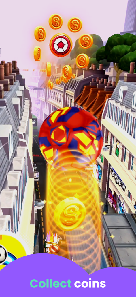 Soccer Games for Kids! - Un colorido juego de fútbol callejero que muestra un balón de fútbol volando por una calle urbana mientras recoge monedas de oro con el logo de SKIDOS.