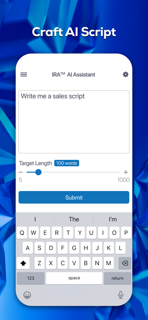 Dubb: AI, teleprompter, video - Interface of the Dubb app's AI assistant used for crafting professional sales scripts with a word count slider.