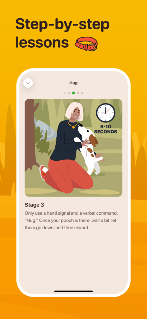 Woofz - Puppy and Dog Training - Screenshot of the Woofz app interface displaying a step by step training lesson for teaching a dog the hug command