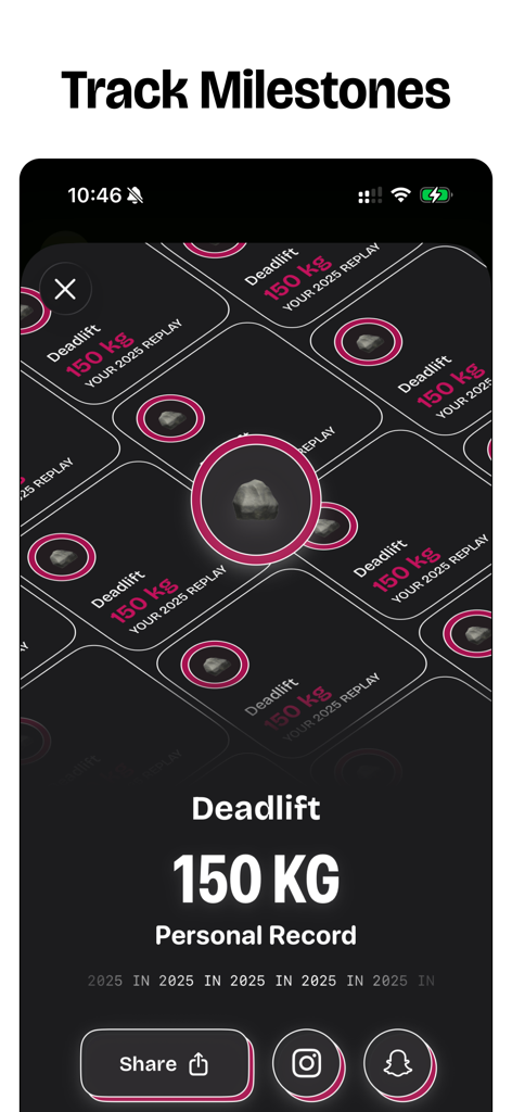 Habit Tracker — timespent - A personal record screen in the timespent app showing a 150 kg deadlift milestone with sharing options.