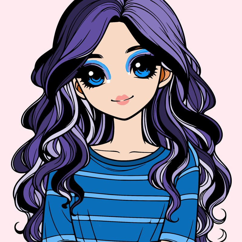 realistic girl with long, wavy hair and cute shirt