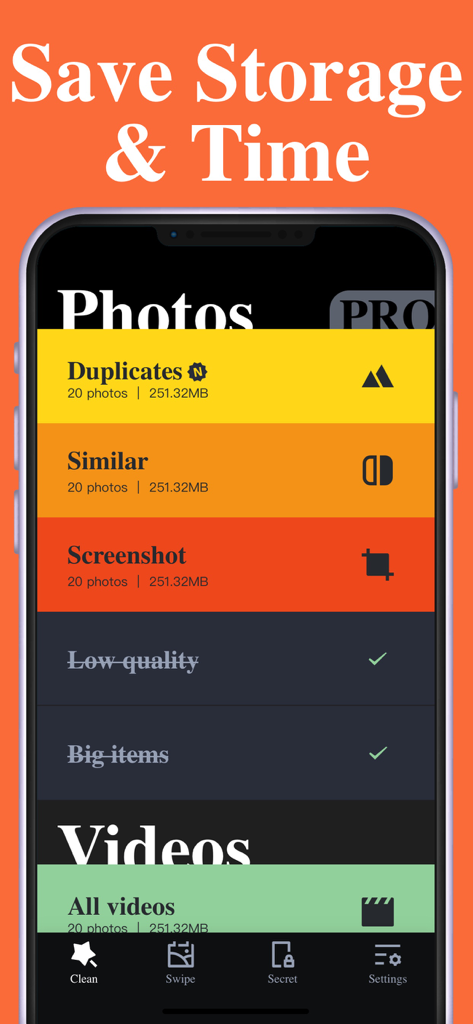 Photo Deleter - Camera Cleaner - Captura de pantalla de la aplicación Photo Deleter mostrando categorías de duplicados, fotos similares y capturas de pantalla para ahorrar almacenamiento.