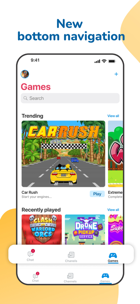 Ayoba - Ayoba super app interface showing the games section and a new bottom navigation menu