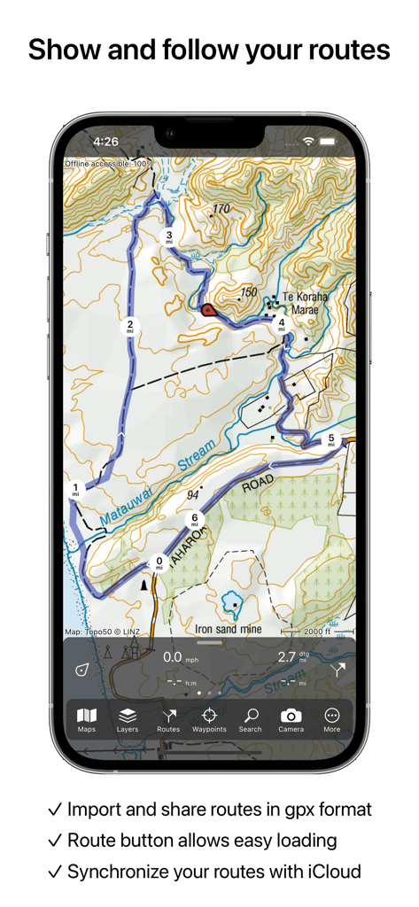 Topo GPS app showing a hiking route on a topographic map with mile markers.