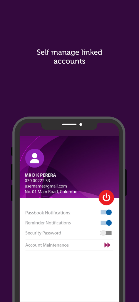 ComBank ePassbook app interface showing user profile and settings for account notifications and security