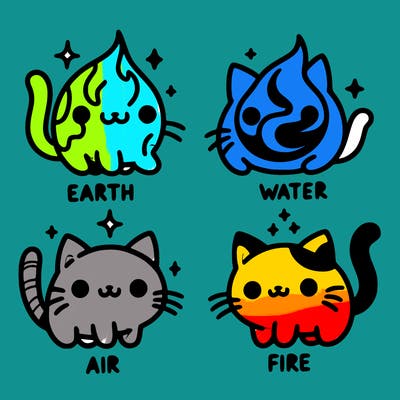 4 cats that represent the different elements, earth, water, air, and fire