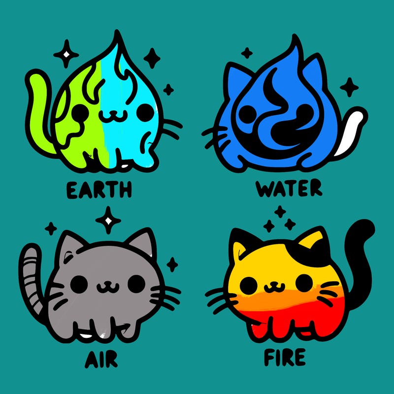 4 cats that represent the different elements, earth, water, air, and fire