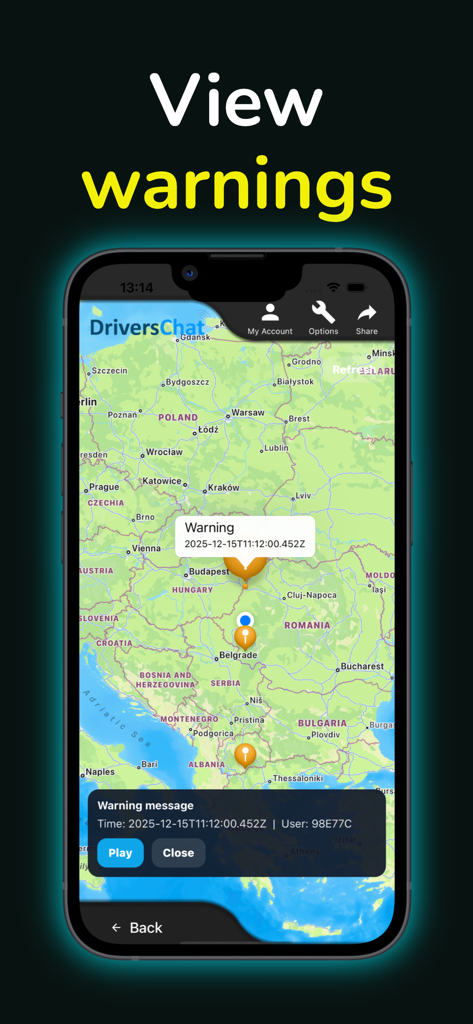 Interface of the Drivers Chat app displaying a map with real-time road hazard warning pins and a notification popup.