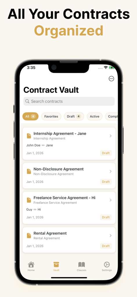 Contract Maker - AI Generator - A smartphone displaying the contract vault interface of the Contract Maker app with various legal agreement drafts