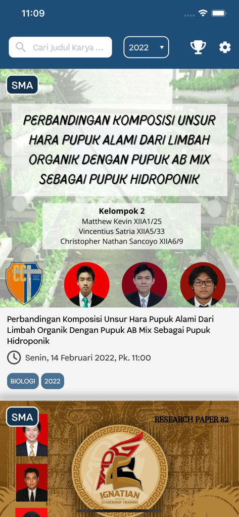 Screenshot of C-Xlence app showing a student scientific project on biology