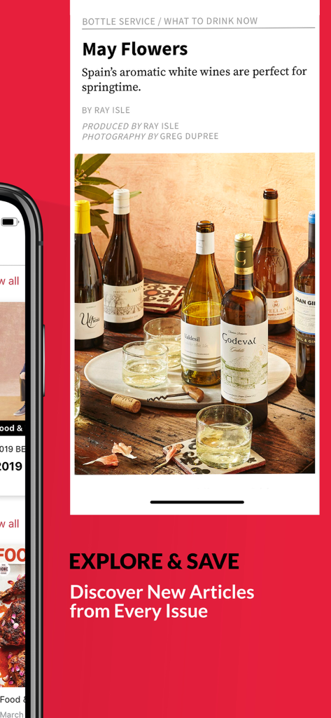 FOOD & WINE - Um artigo de revista digital no aplicativo Food and Wine intitulado Flores de Maio, apresentando vinhos brancos espanhóis aromáticos