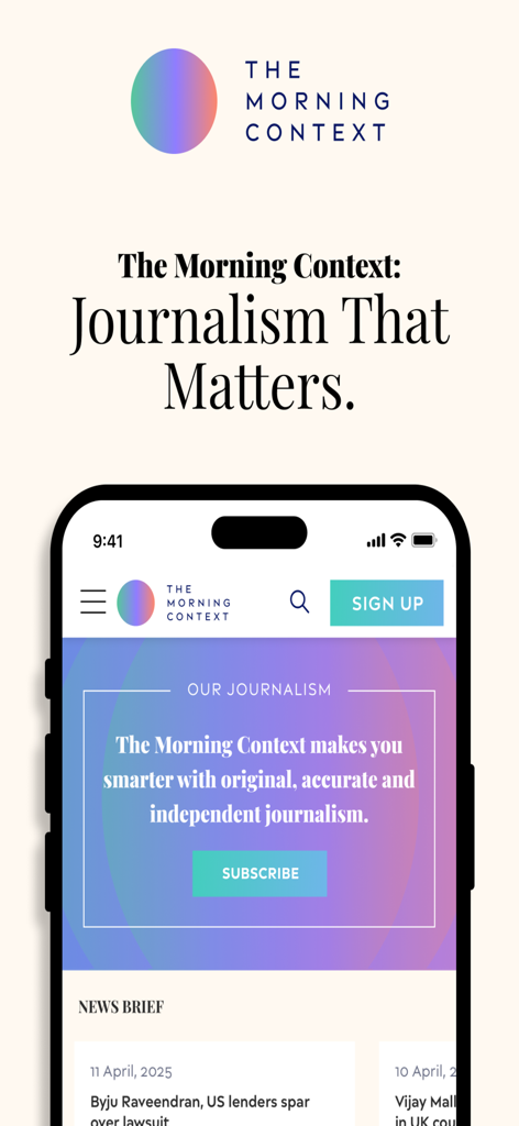 The Morning Context app interface displaying independent business journalism on a smartphone screen.