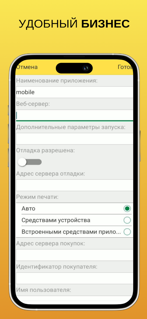 1C Enterprise PPS application configuration settings screen on an iPhone