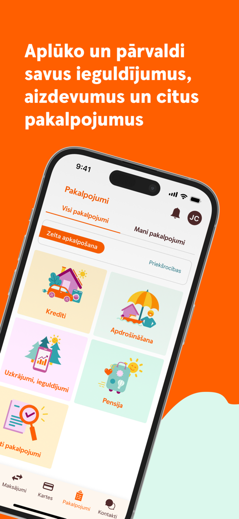 Swedbank Latvija mobile app displaying various financial services including loans, insurance, and investments