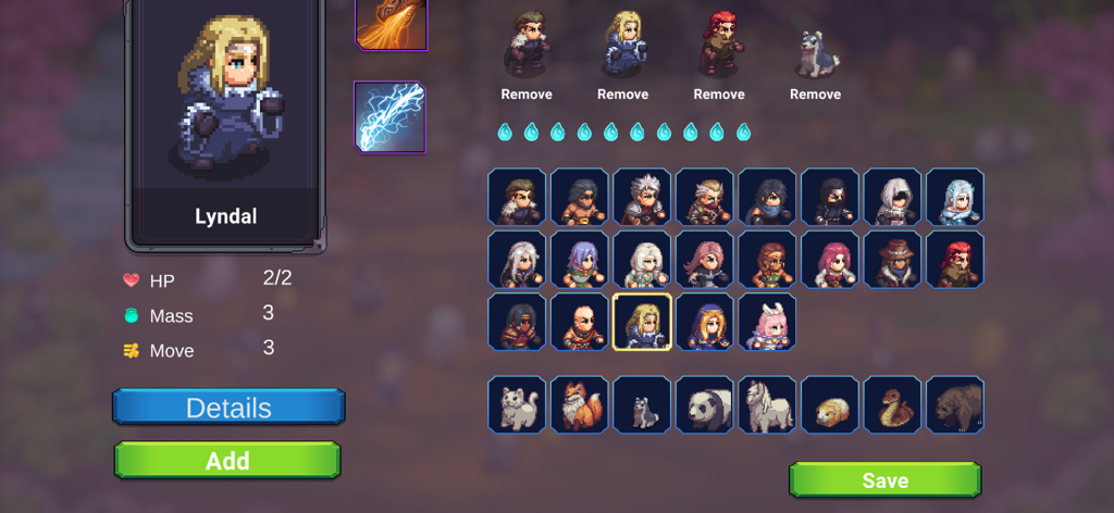 Tyrant's Blessing - Character selection screen in Tyrant's Blessing showing Lyndal's stats and the roster of heroes and pets.