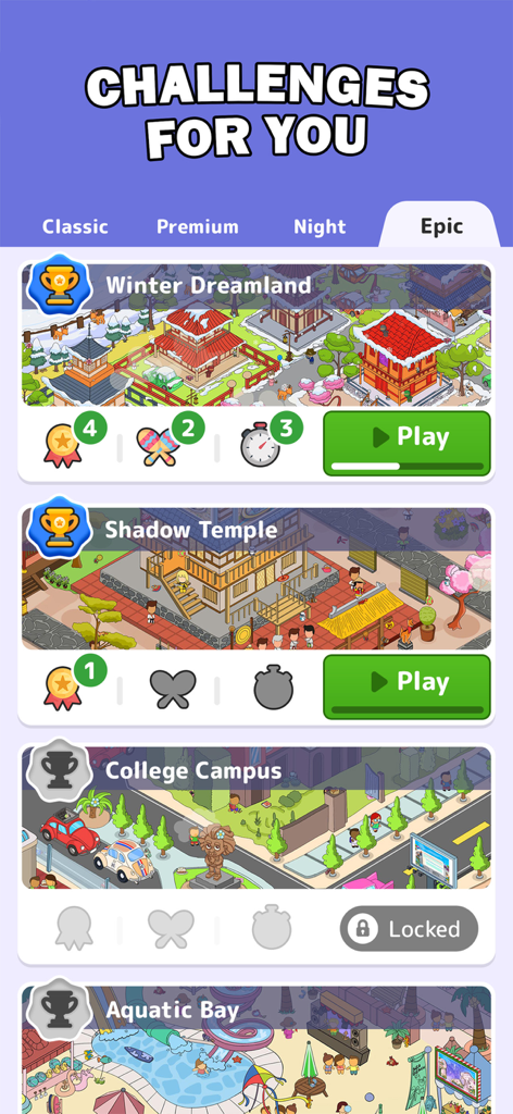 Écran de menu en jeu montrant divers niveaux de défis et des cartes thématiques dans Seek and Find Hidden Object Game