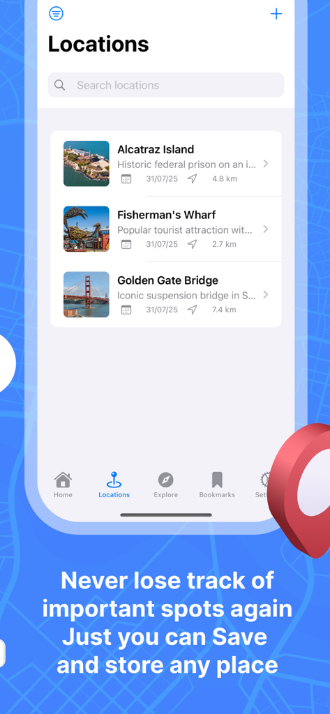 La aplicación Horizon Maps 3D muestra una lista de ubicaciones guardadas, incluida la isla de Alcatraz y el puente Golden Gate