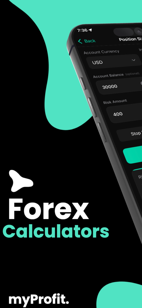 Forex Calculator : Pips & Lot - Interfaz de la aplicación calculadora Forex que muestra el tamaño de la posición y la configuración de gestión de riesgos