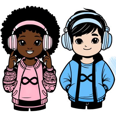 an afroamerican girl with headphones and a boy with headphones, they have an ♾️ symbol on their shirt