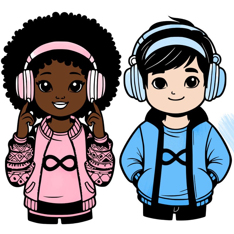 an afroamerican girl with headphones and a boy with headphones, they have an ♾️ symbol on their shirt