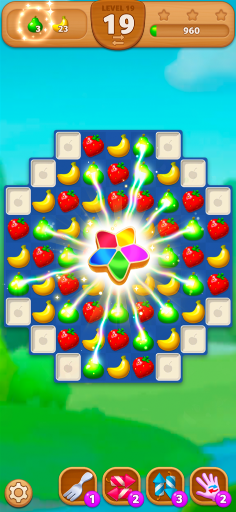 Fruits Mania:Belle's Adventure - Un colorido nivel de puzzle match-3 en Fruits Mania La Aventura de Belle con un potenciador de estrella brillante en el tablero.