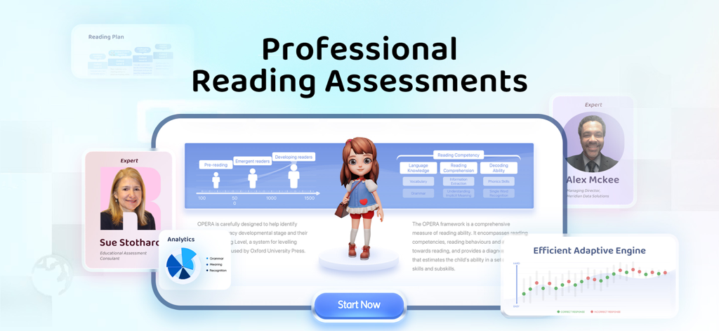 Painel de avaliação profissional de leitura do Owl Reading com análise de progresso e endossos de especialistas